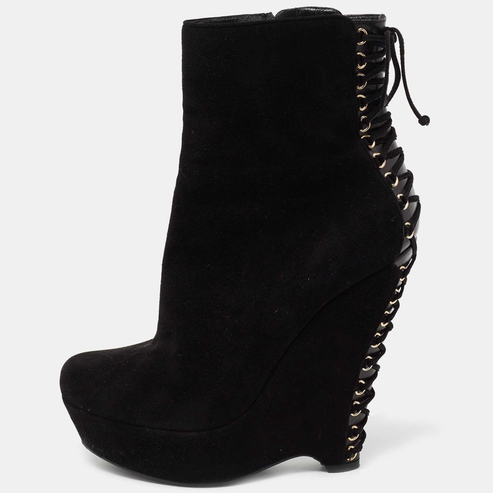 Authentic Saint Laurent Madge Suede Lace Up Platform Wedge Boots 39.5 Nero Black